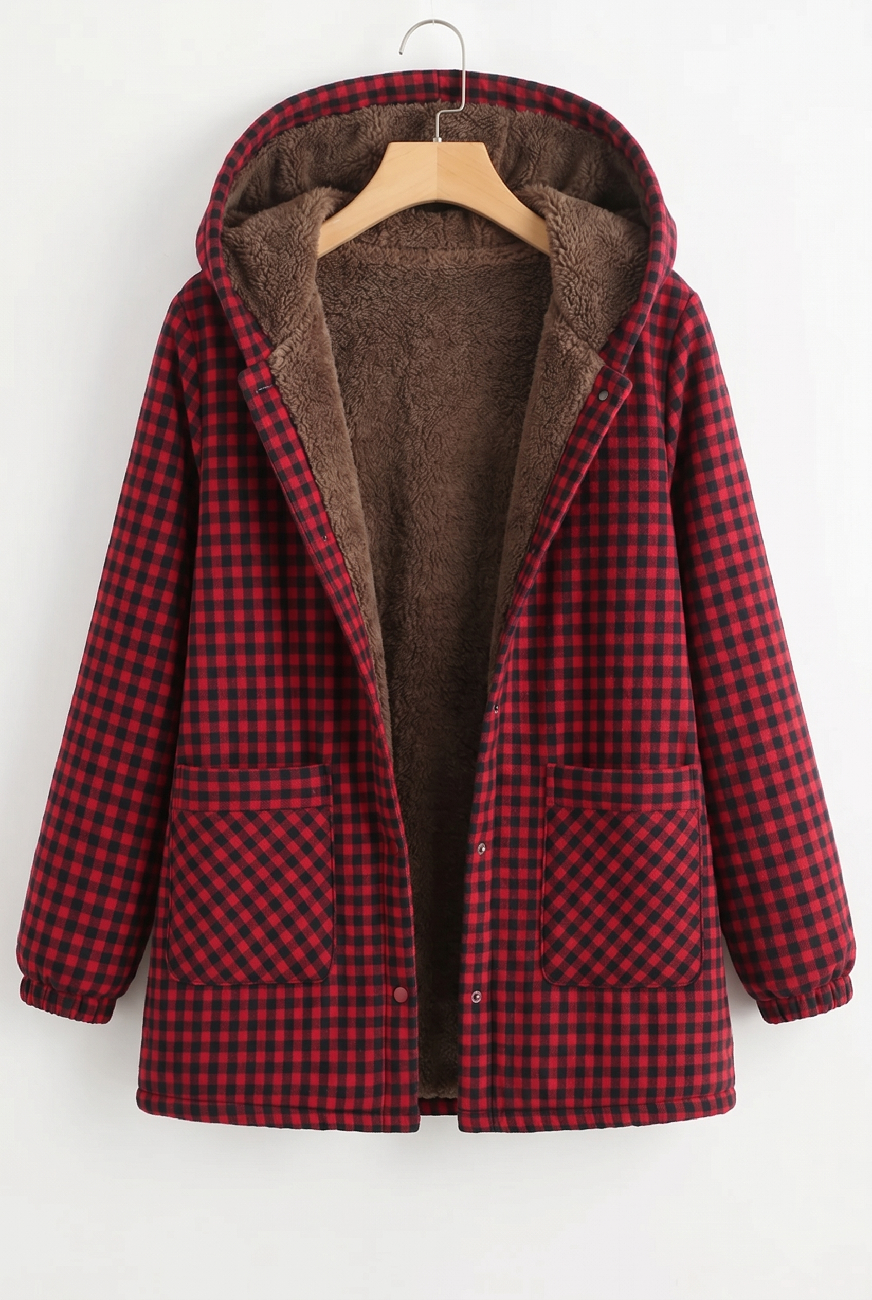 Effortless Plaid Fleece Lined Jacket for Women with Hooded Button Front Oversized Casual Style