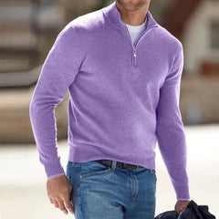 Cozy Knit Quarter-Zip Sweater for Men with Stand Collar Long Sleeve Pullover Ribbed Winter Style