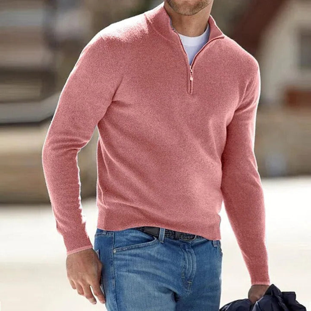 Cozy Knit Quarter-Zip Sweater for Men with Stand Collar Long Sleeve Pullover Ribbed Winter Style