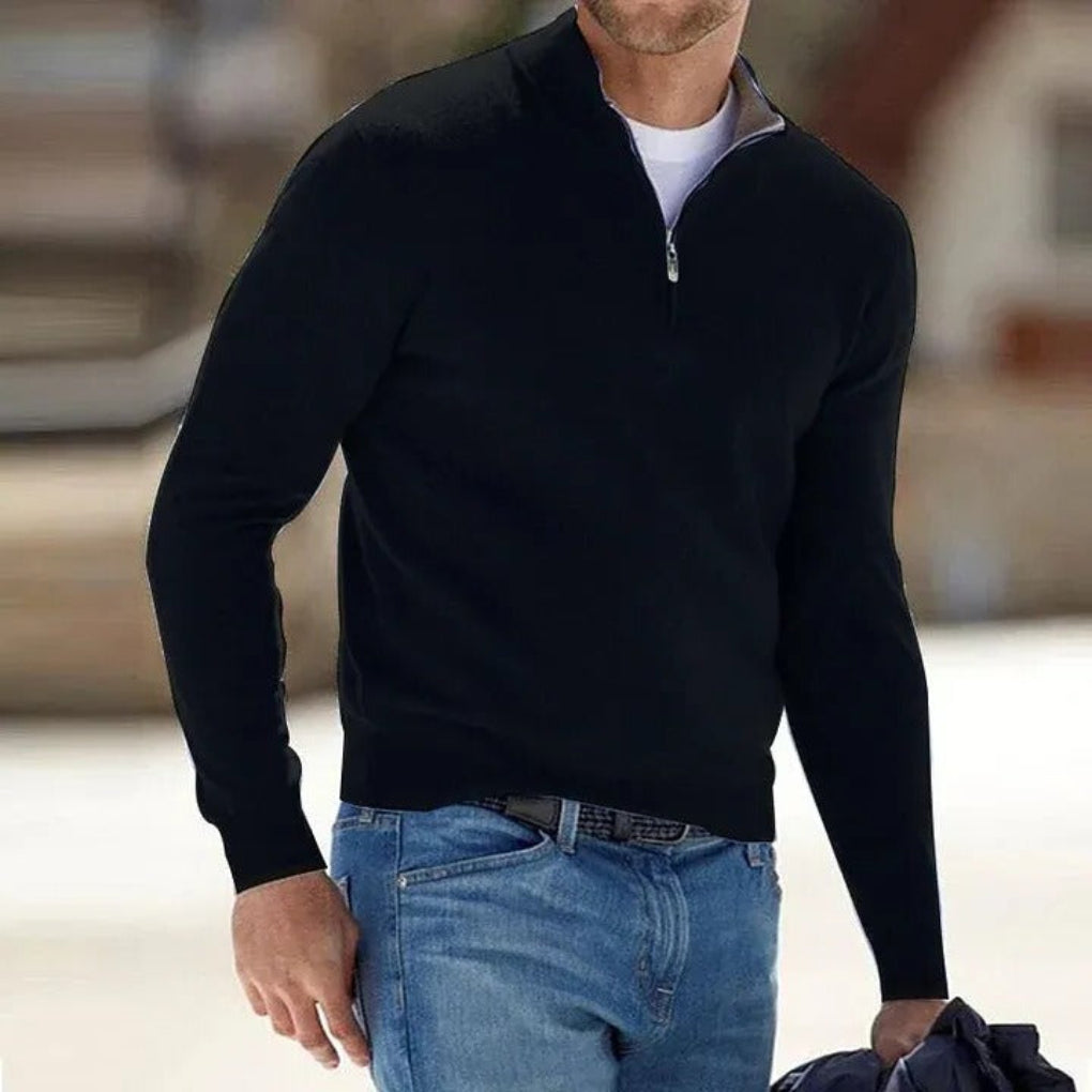 Cozy Knit Quarter-Zip Sweater for Men with Stand Collar Long Sleeve Pullover Ribbed Winter Style