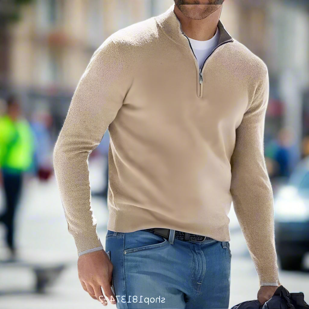 Cozy Knit Quarter-Zip Sweater for Men with Stand Collar Long Sleeve Pullover Ribbed Winter Style