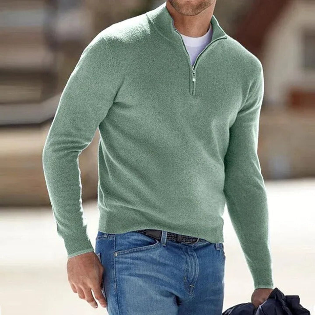 Cozy Knit Quarter-Zip Sweater for Men with Stand Collar Long Sleeve Pullover Ribbed Winter Style