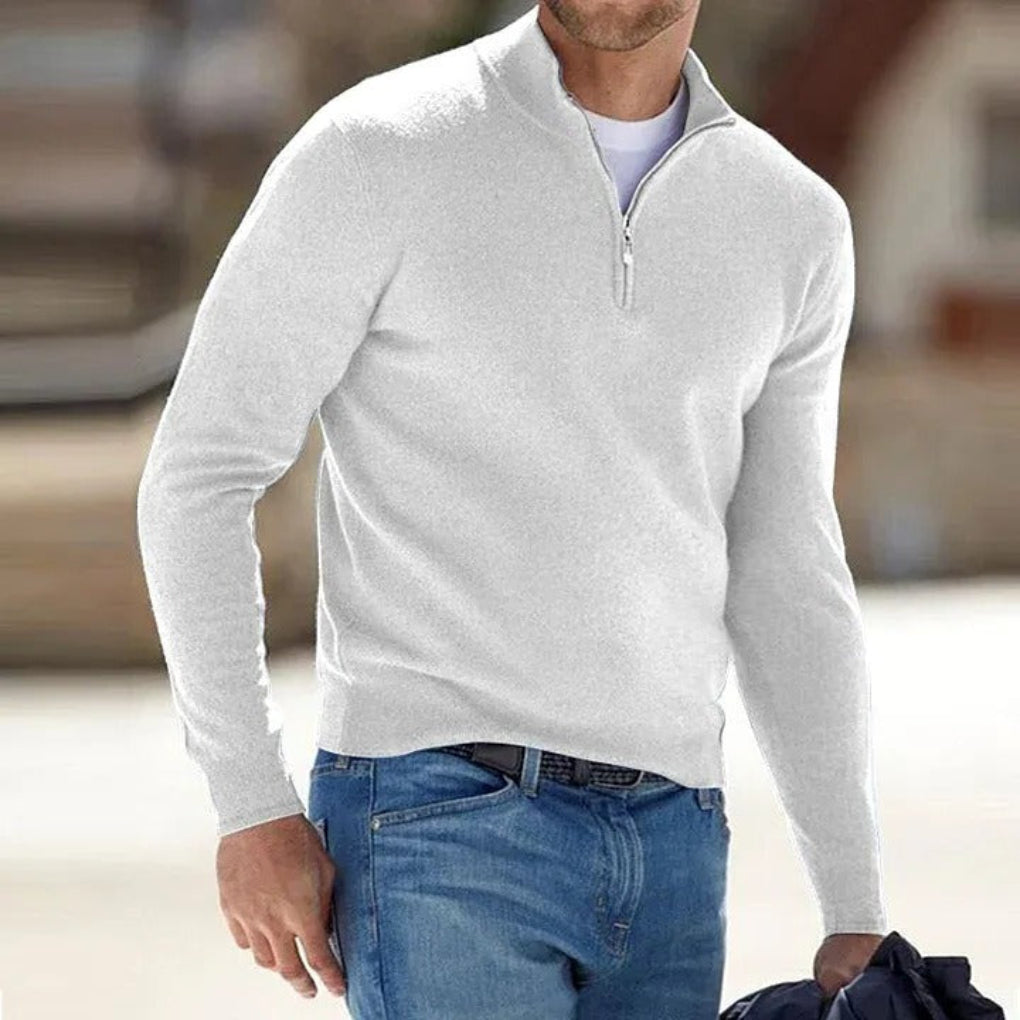 Cozy Knit Quarter-Zip Sweater for Men with Stand Collar Long Sleeve Pullover Ribbed Winter Style