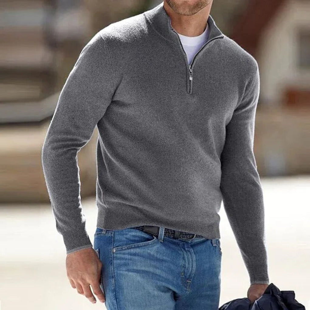 Cozy Knit Quarter-Zip Sweater for Men with Stand Collar Long Sleeve Pullover Ribbed Winter Style