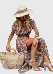 Effortless Paisley Print Maxi Dress for Women with V Neck Short Sleeve Belted Side Slit Flowing Boho Style