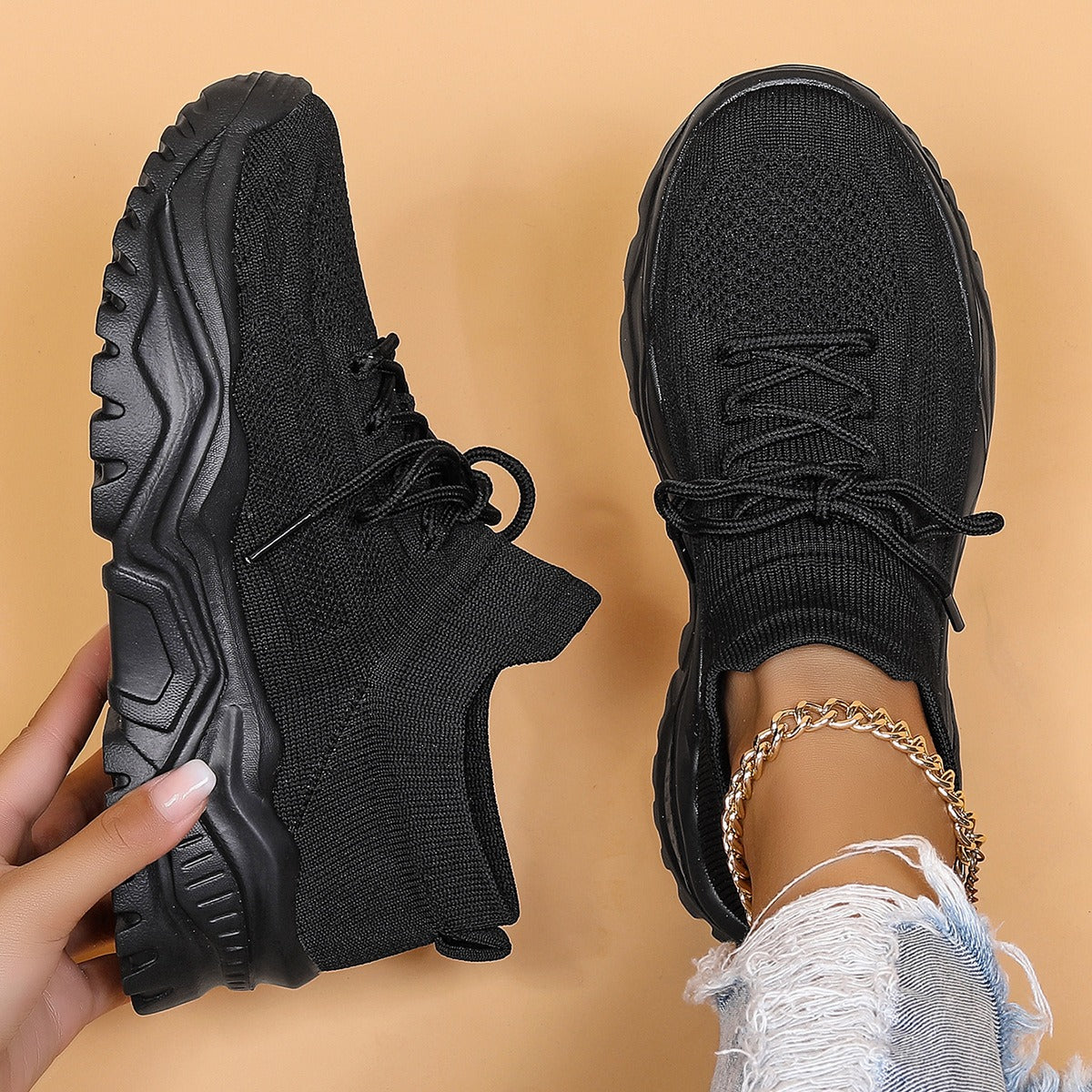 Comfortable Fly Knit Sneakers for Women with Lace Up Breathable Platform Sole Style