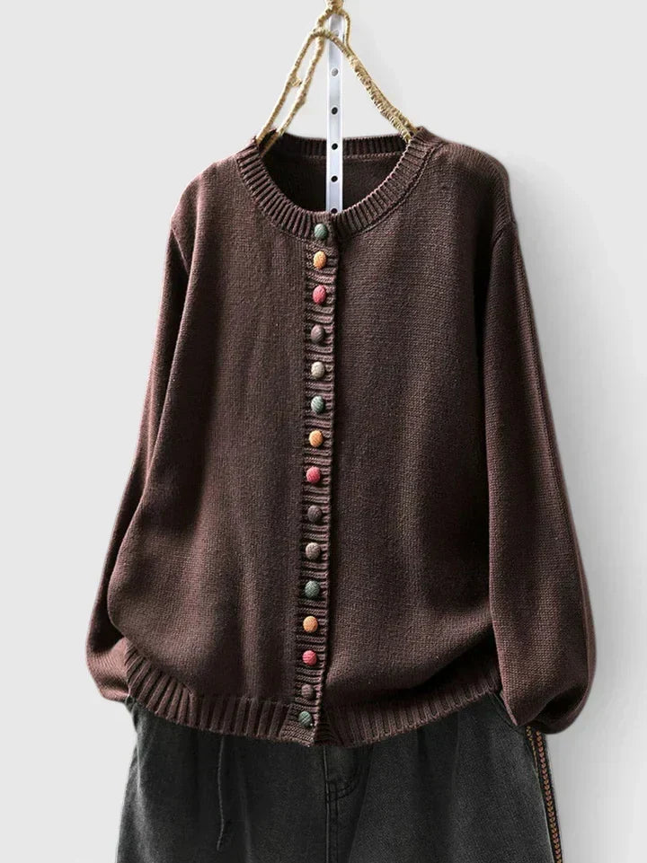 Cozy Knit Cardigan for Women with Crew Neck Button Front Long Sleeve Ribbed Trim Relaxed Style