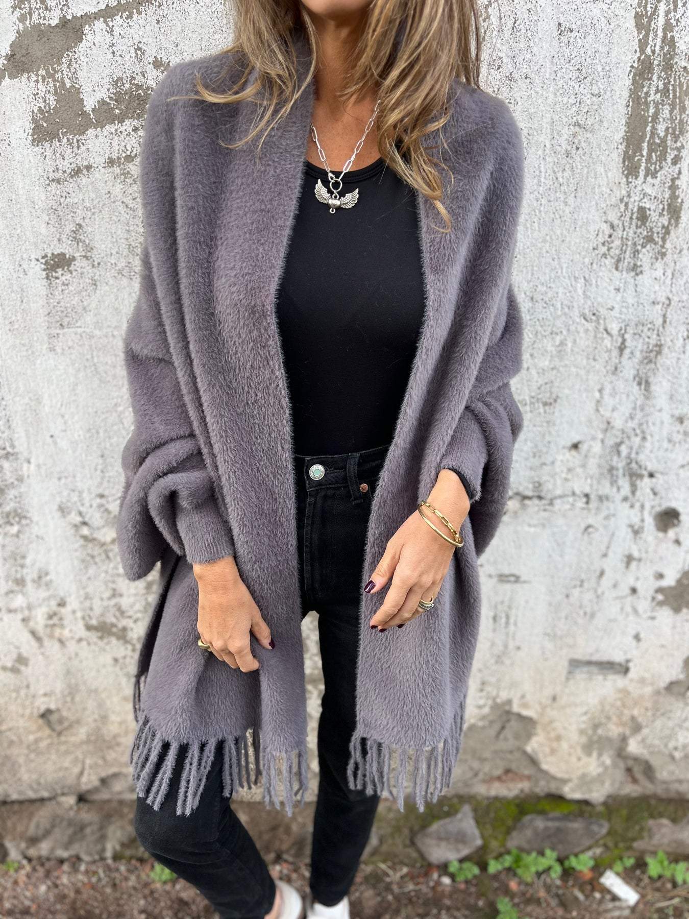 Cozy Fuzzy Knit Cardigan for Women with Open Front Long Sleeve Fringe Draped Relaxed Style