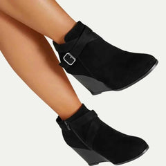 Chic Black Booties for Women with Wrap Strap Buckle Side Zip Wedge Heel Ankle Style