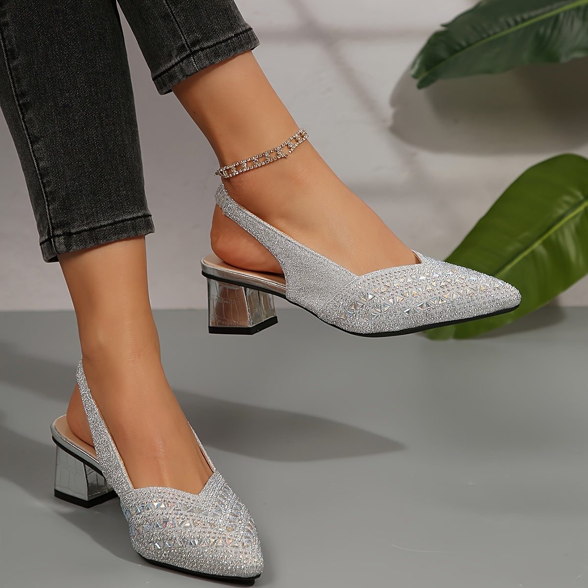 Chic Rhinestone Slingback Pumps for Women with Pointed Toe Block Heel Embellished Party Style