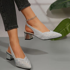 Chic Rhinestone Slingback Pumps for Women with Pointed Toe Block Heel Embellished Party Style