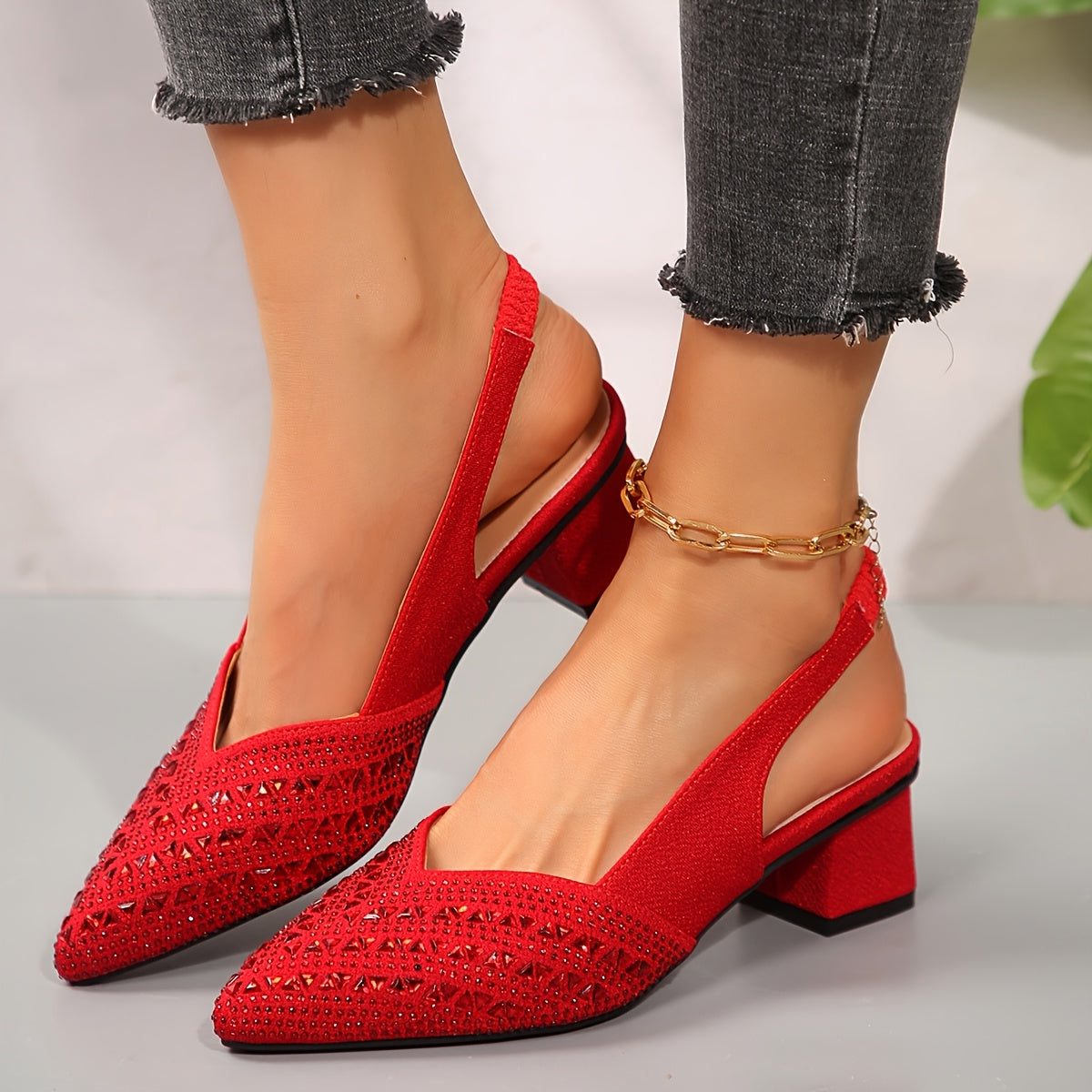 Chic Rhinestone Slingback Pumps for Women with Pointed Toe Block Heel Embellished Party Style