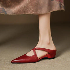 Elegant Mules for Women with Pointed Toe Cross Strap Low Heel Slip On Leather Style