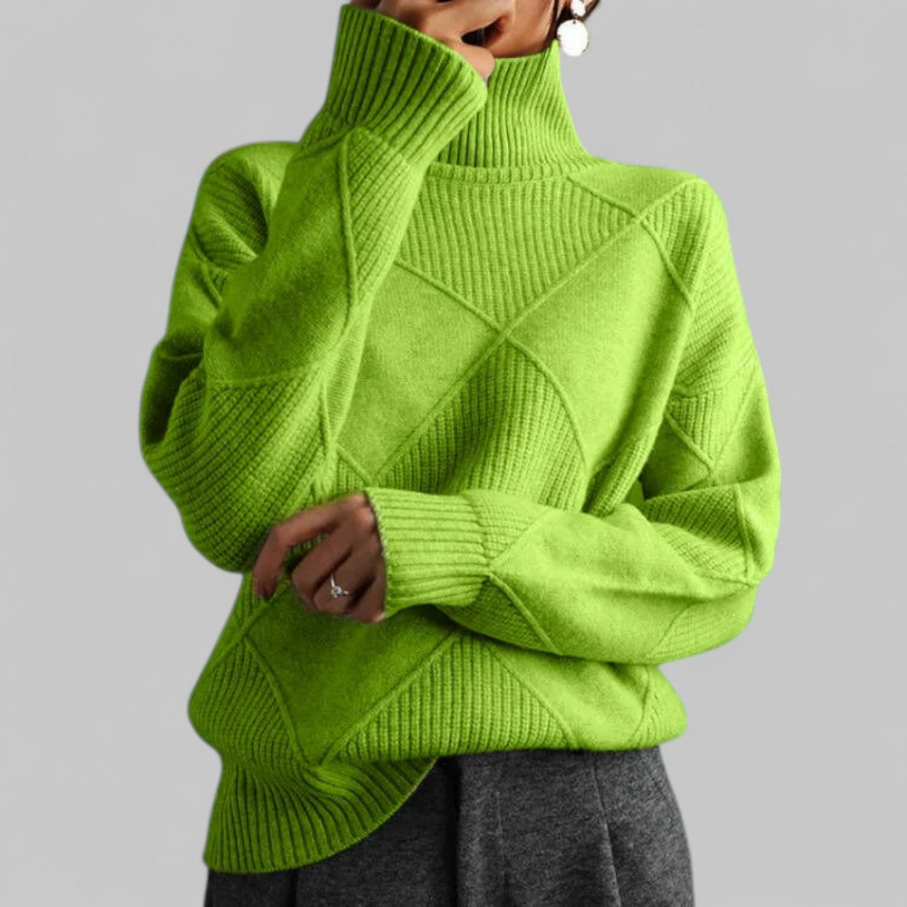 Cozy Black Oversized Sweater for Women with Turtleneck Long Sleeve Diamond Knit Relaxed Pullover Style