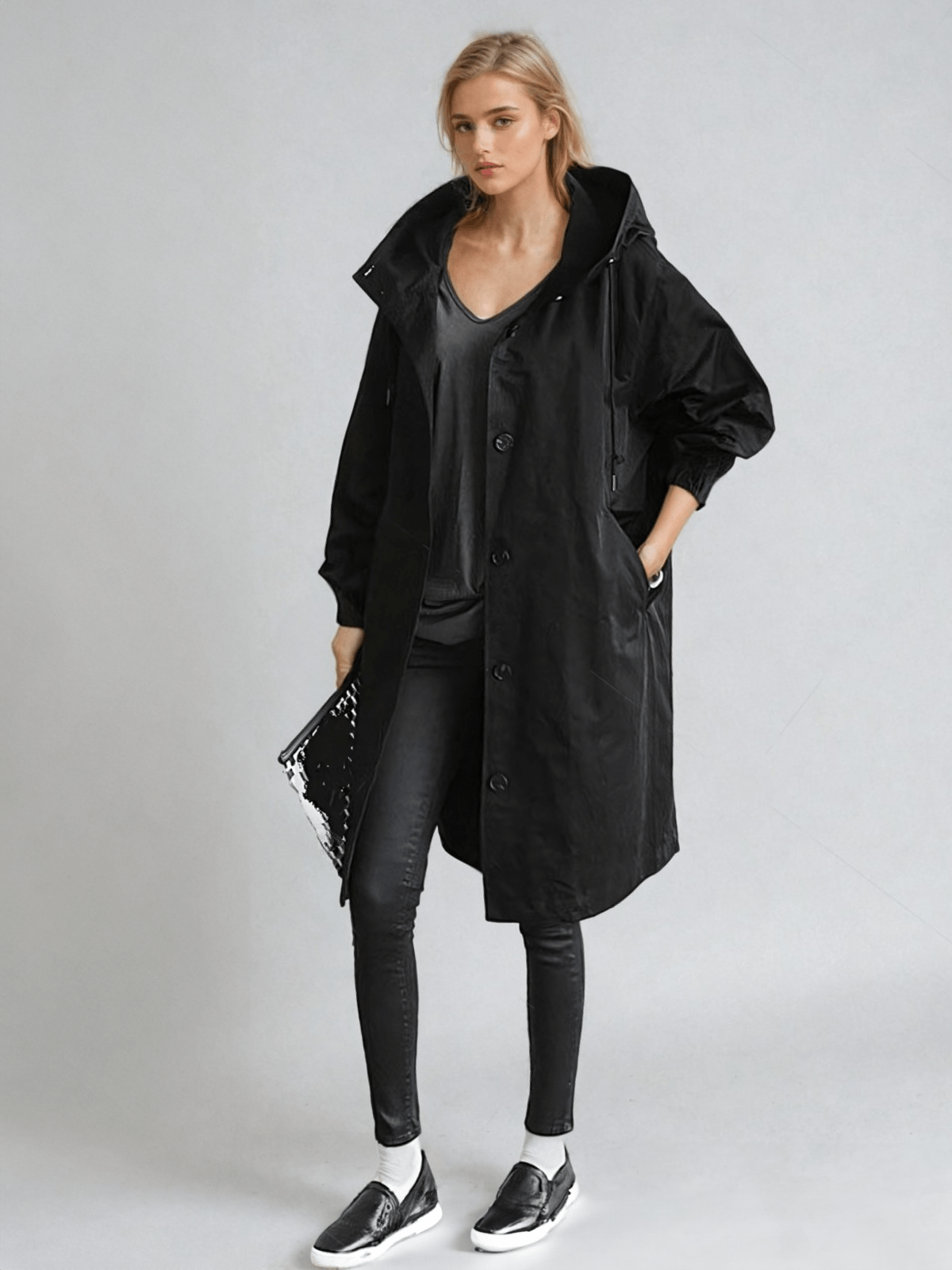 Effortless Oversized Trench Coat for Women with Hooded Collar Long Sleeve Button Front Relaxed Style