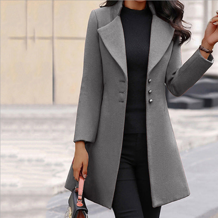 Elegant Wool Winter Coat for Women with Notched Lapel Long Sleeve Button Front Tailored Style
