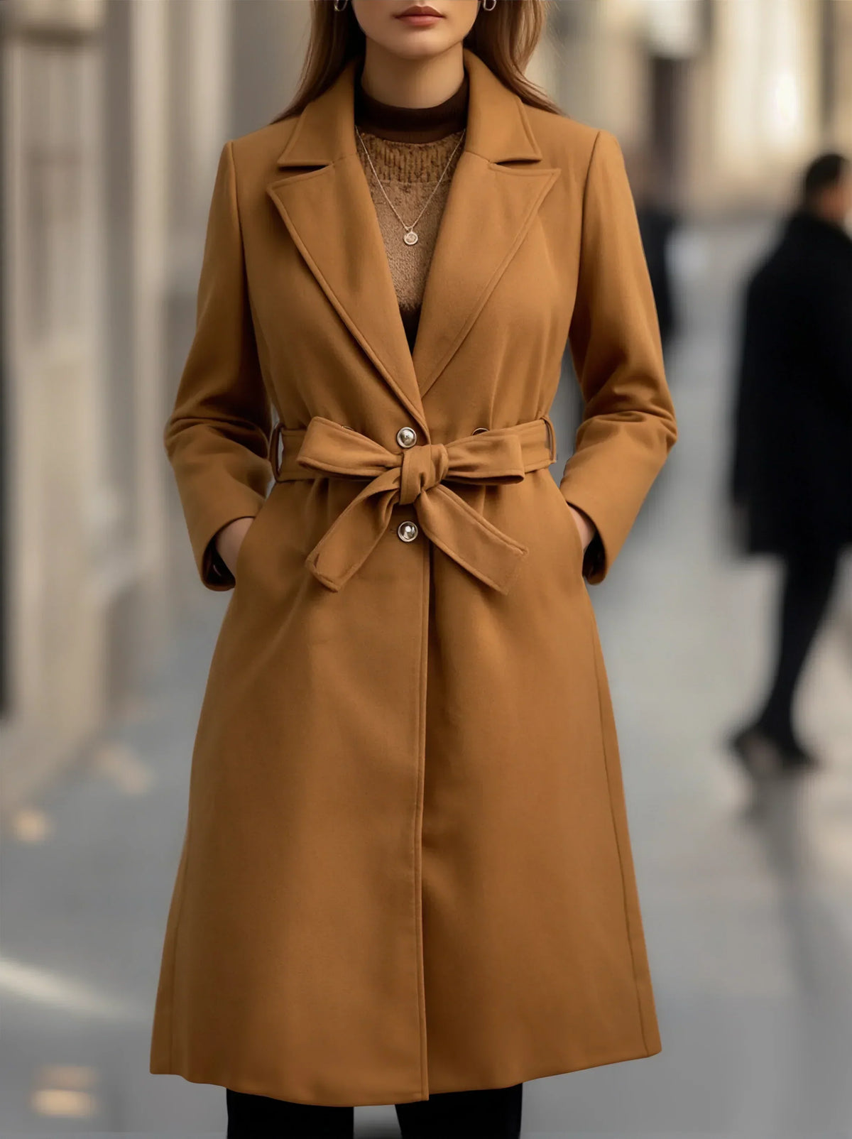 Elegant Camel Trench Coat for Women with Notched Lapel Long Sleeve Tie Belt Tailored Style