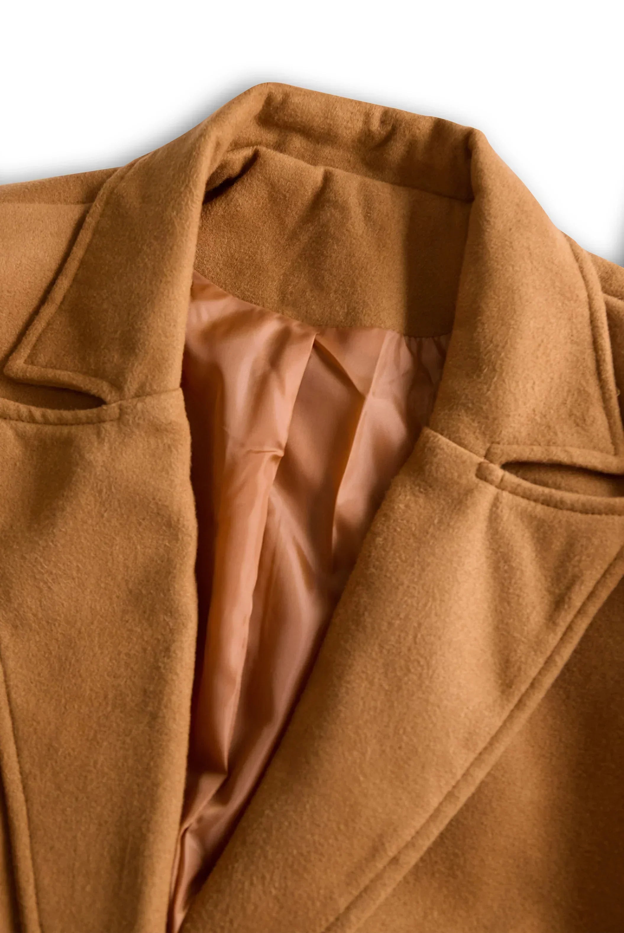 Elegant Camel Trench Coat for Women with Notched Lapel Long Sleeve Tie Belt Tailored Style