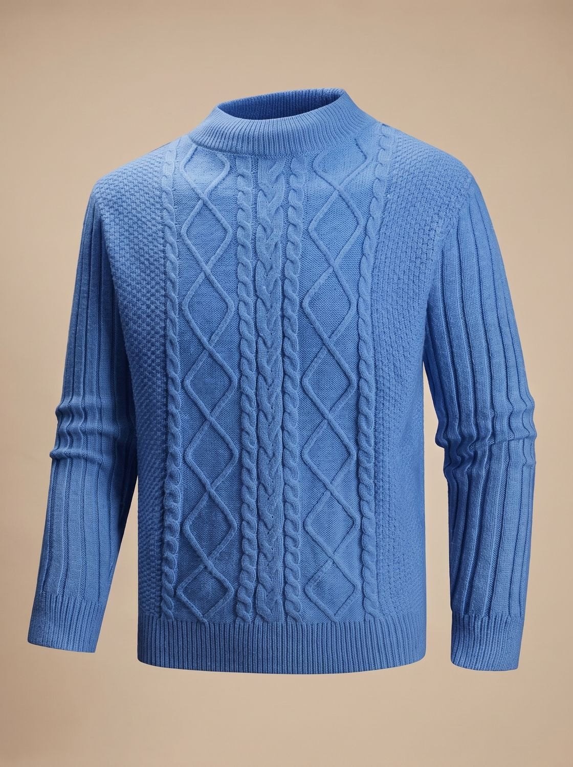 Cozy Cable Knit Sweater for Men with Mock Neck Long Sleeve Pullover Ribbed Regular Fit Style