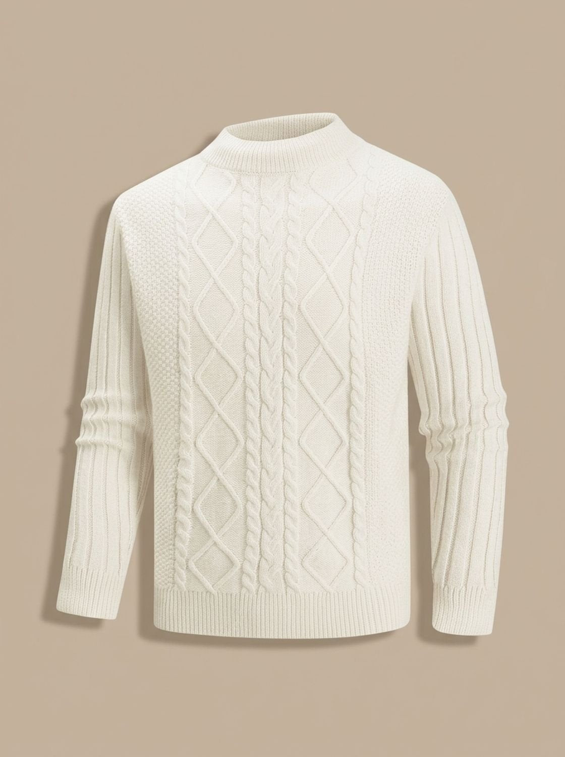 Cozy Cable Knit Sweater for Men with Mock Neck Long Sleeve Pullover Ribbed Regular Fit Style