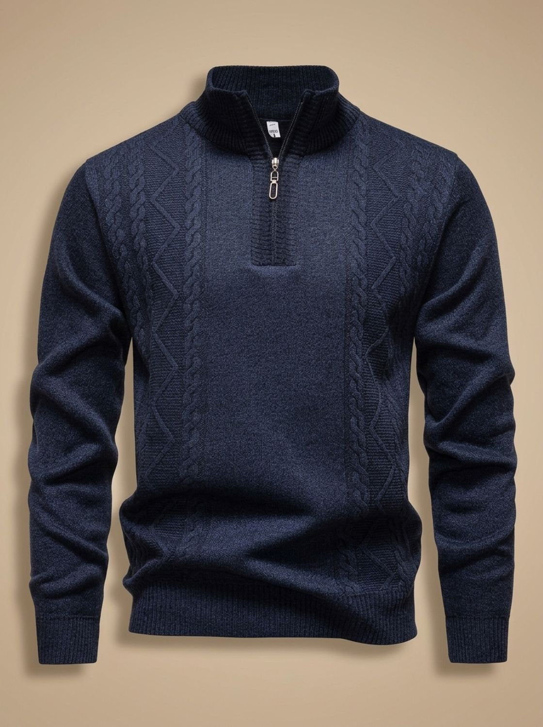Cozy Cable Knit Quarter-Zip Sweater for Men with Stand Collar Long Sleeve Pullover Ribbed Winter Style
