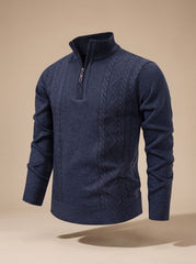 Cozy Cable Knit Quarter-Zip Sweater for Men with Stand Collar Long Sleeve Pullover Ribbed Winter Style