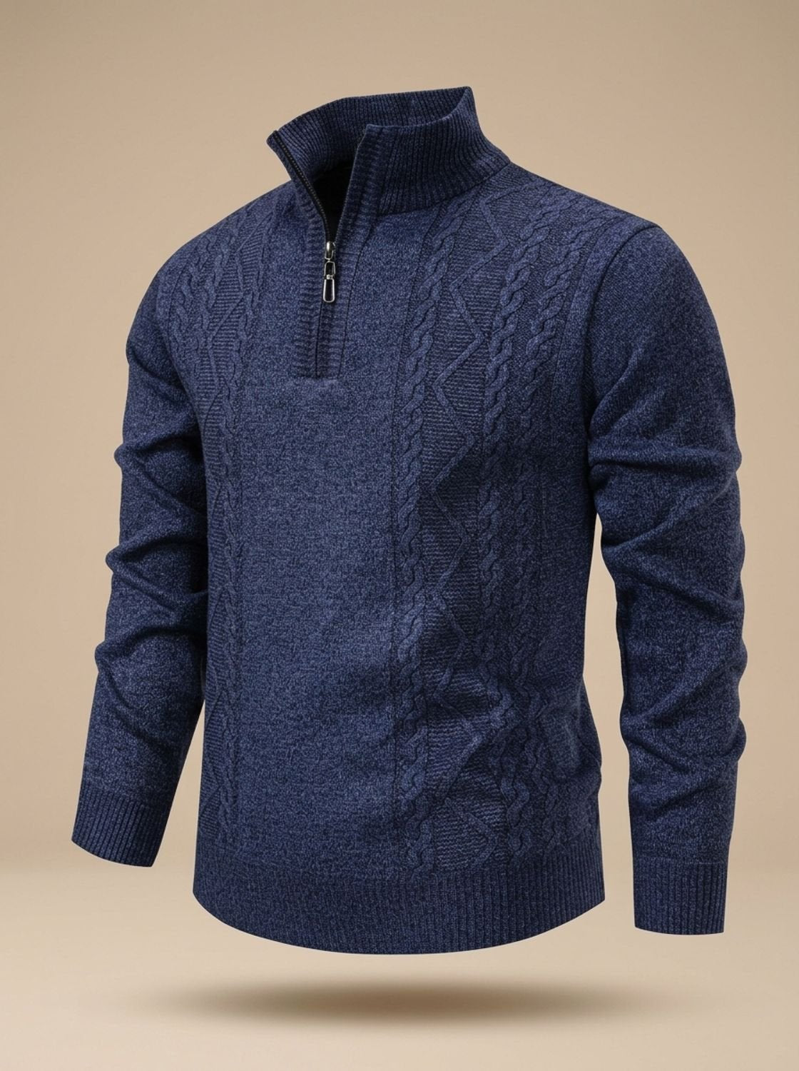 Cozy Cable Knit Quarter-Zip Sweater for Men with Stand Collar Long Sleeve Pullover Ribbed Winter Style