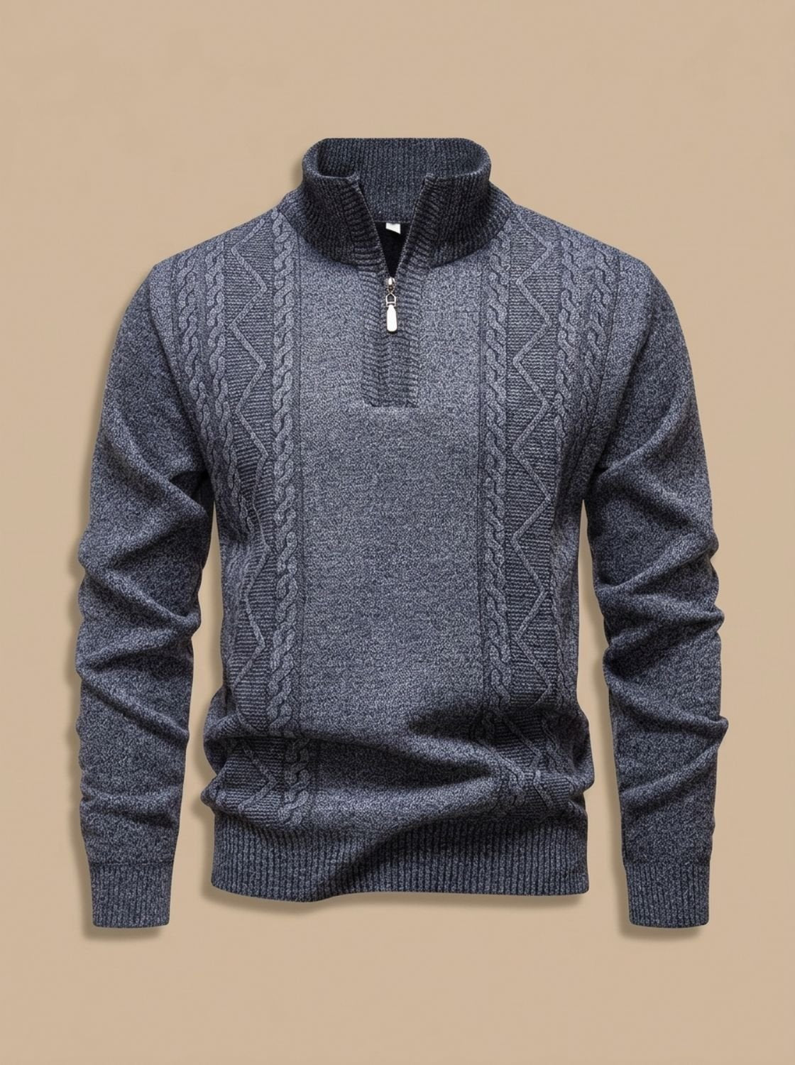 Cozy Cable Knit Quarter-Zip Sweater for Men with Stand Collar Long Sleeve Pullover Ribbed Winter Style