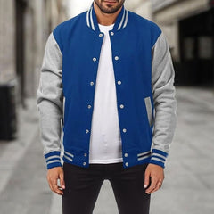 Cozy Varsity Letterman Jacket for Men with Stand Collar Long Sleeve Snap Front Striped Ribbed Style