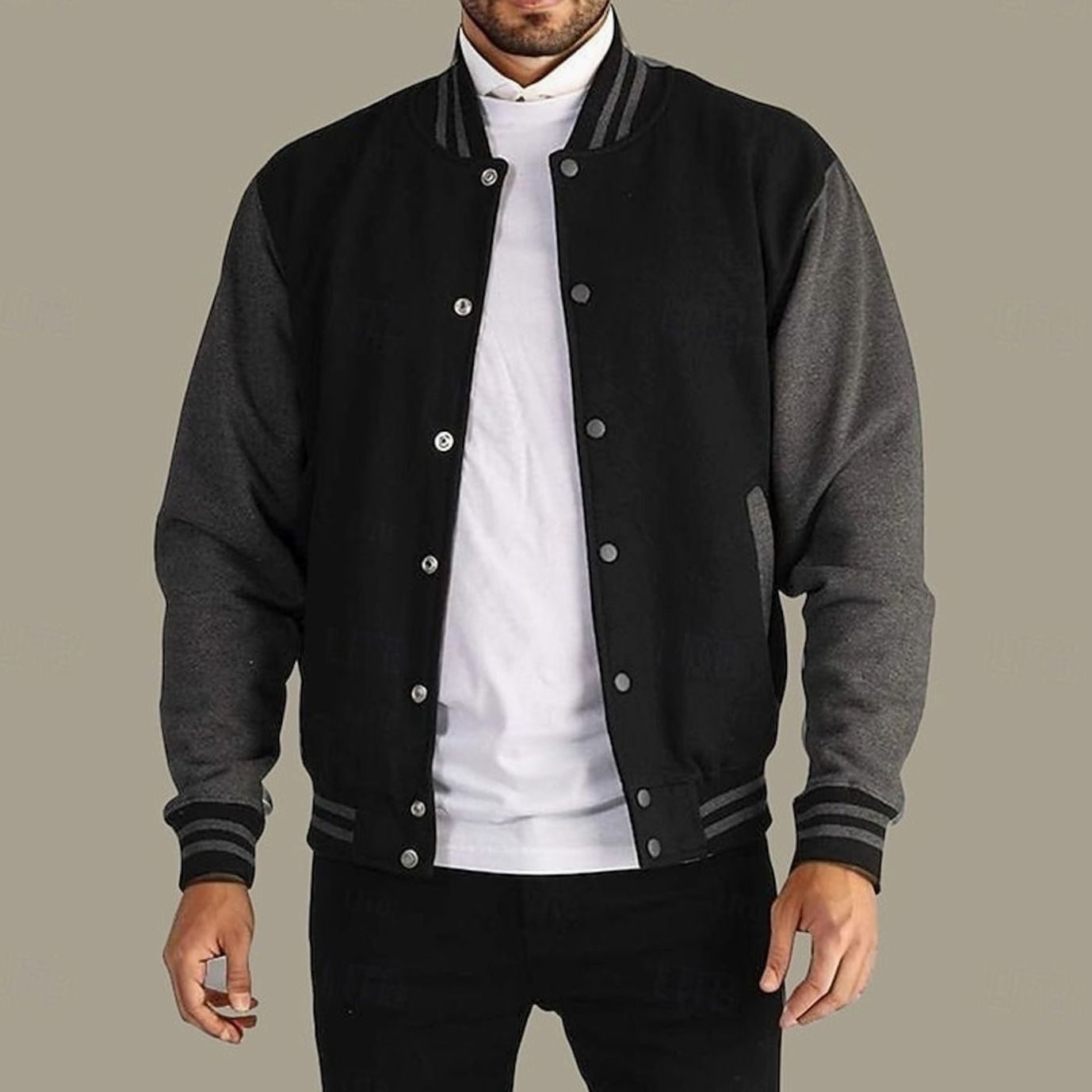 Cozy Varsity Letterman Jacket for Men with Stand Collar Long Sleeve Snap Front Striped Ribbed Style