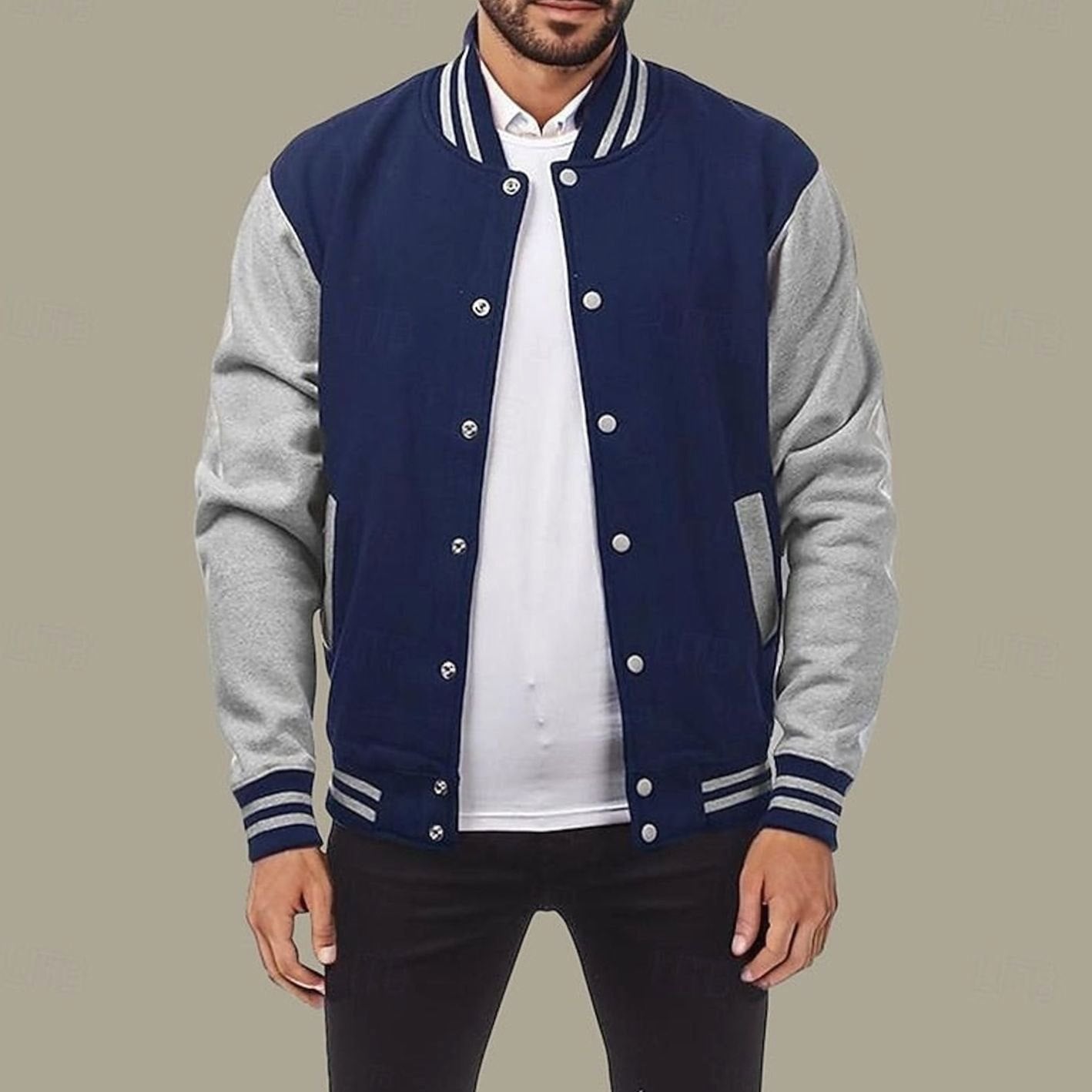 Cozy Varsity Letterman Jacket for Men with Stand Collar Long Sleeve Snap Front Striped Ribbed Style