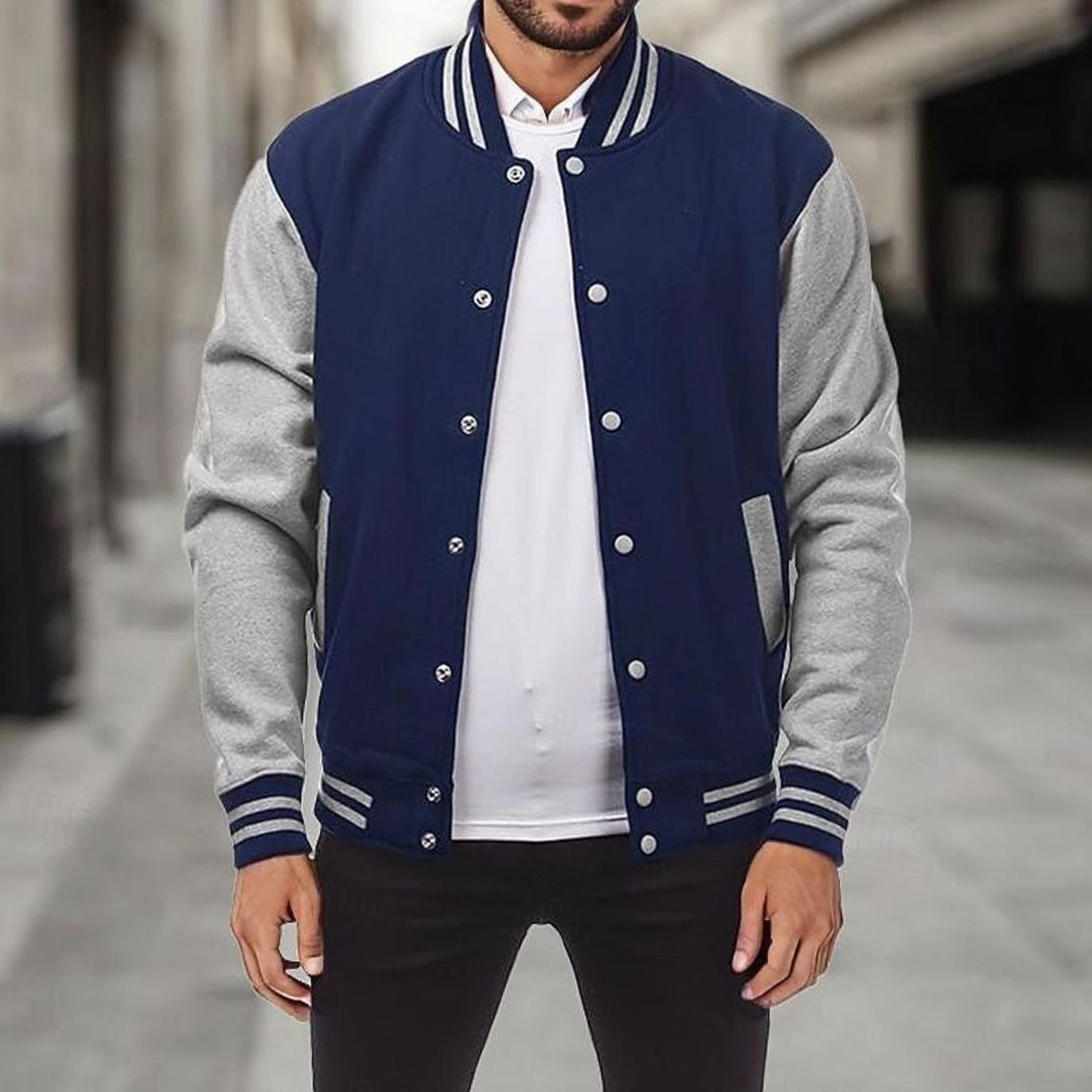 Cozy Varsity Letterman Jacket for Men with Stand Collar Long Sleeve Snap Front Striped Ribbed Style