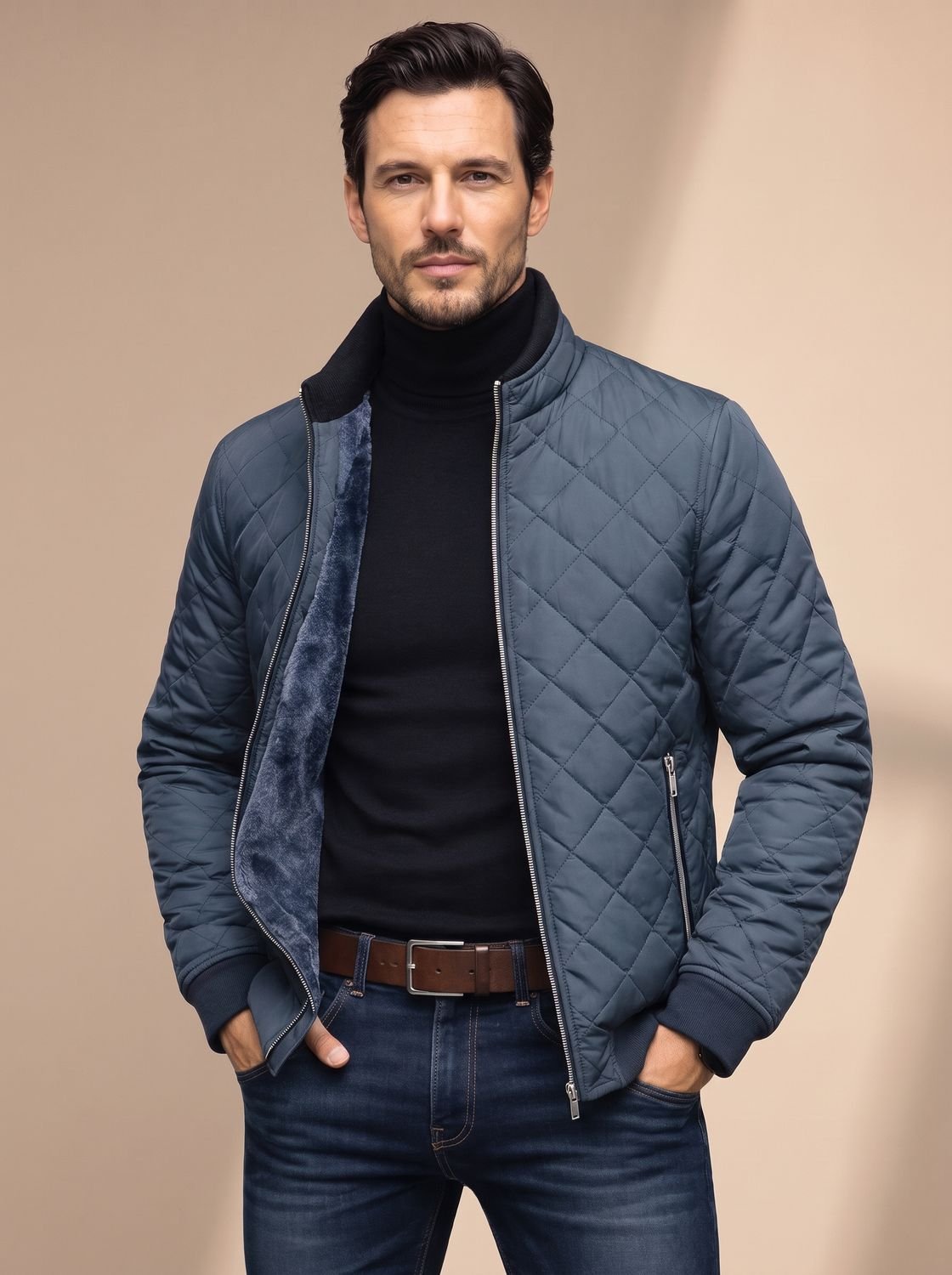 Cozy Diamond Quilted Jacket for Men with Stand Collar Long Sleeve Fleece Lined Full-Zip Winter Style