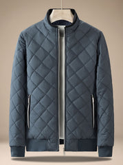 Cozy Diamond Quilted Bomber Jacket for Men with Stand Collar Long Sleeve Zip Front Ribbed Hem Style