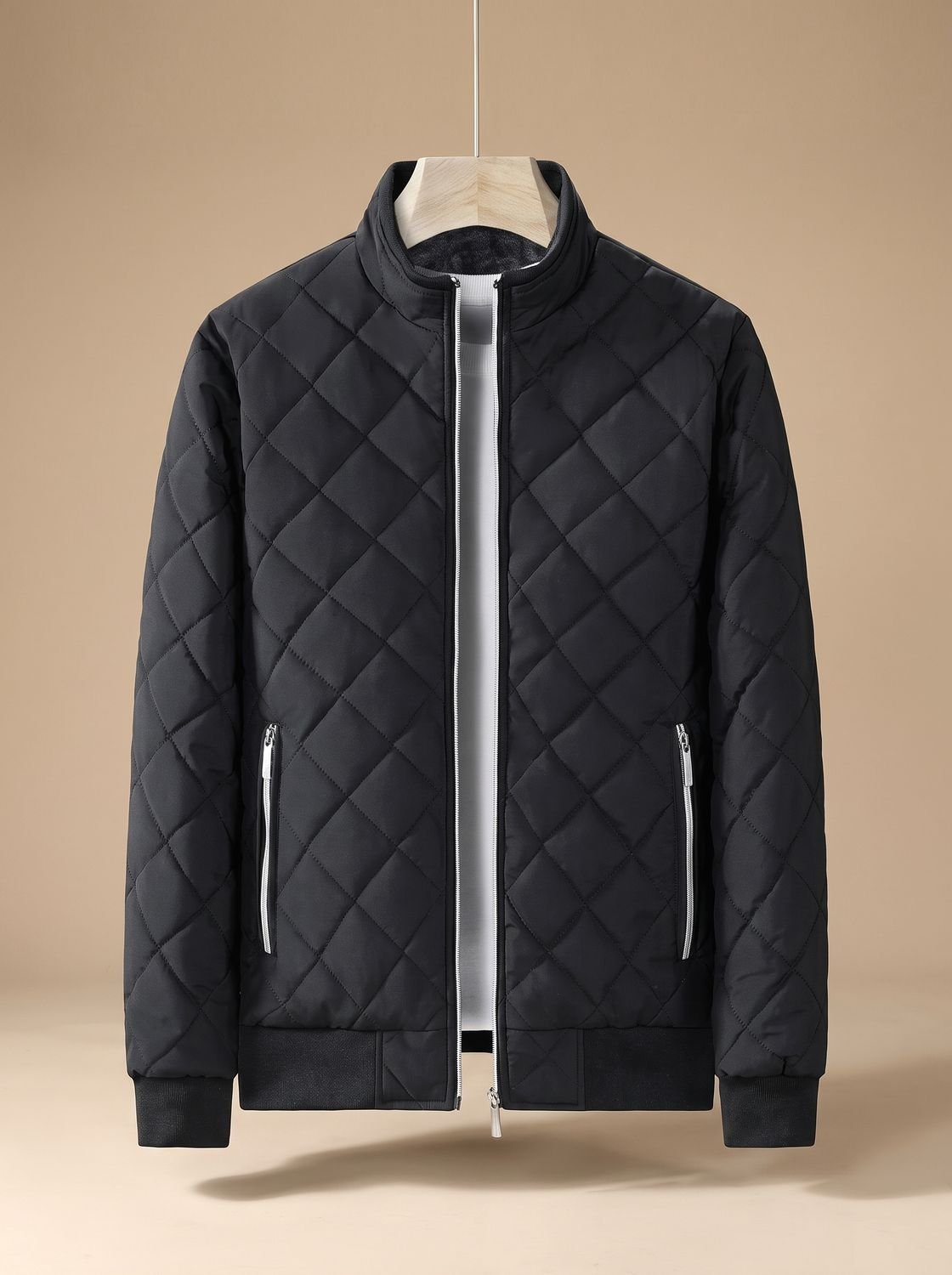 Cozy Diamond Quilted Bomber Jacket for Men with Stand Collar Long Sleeve Zip Front Ribbed Hem Style