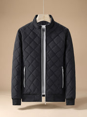Cozy Diamond Quilted Bomber Jacket for Men with Stand Collar Long Sleeve Zip Front Ribbed Hem Style