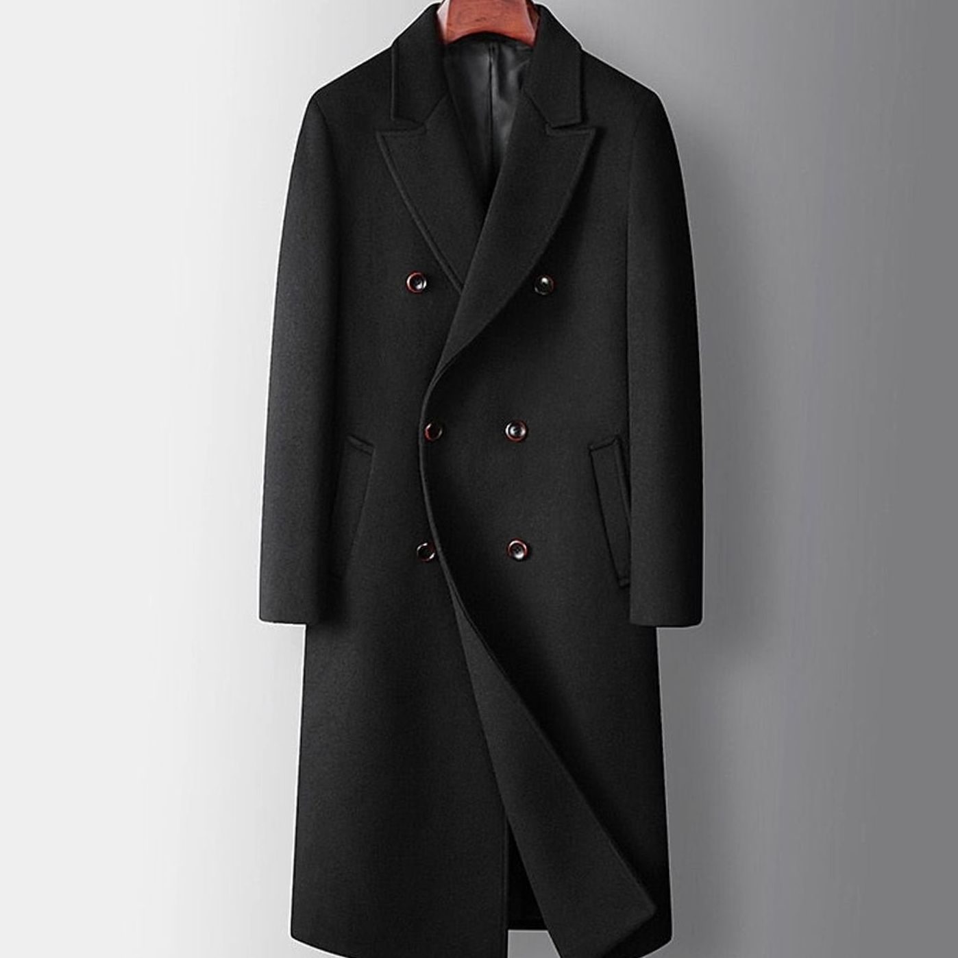 Cozy Wool Pea Coat for Men with Peak Lapel Long Sleeve Double Breasted Long Overcoat Style