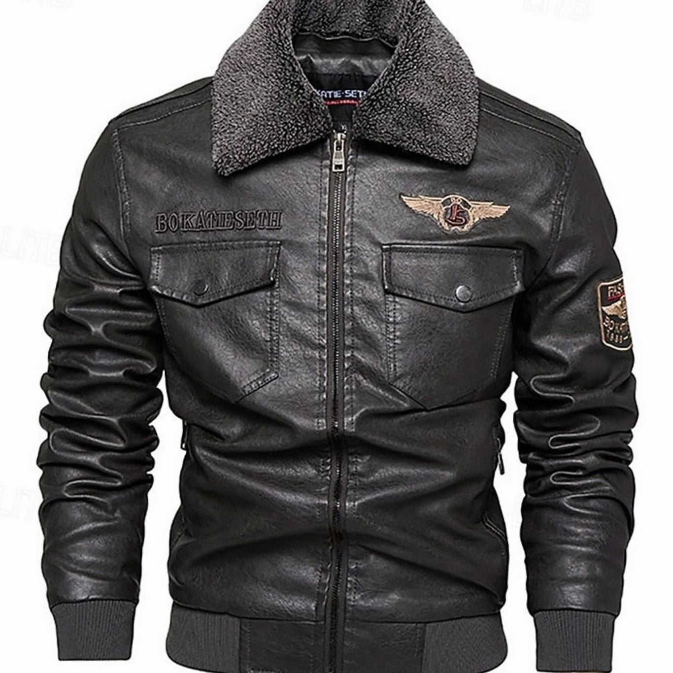 Cozy Faux Leather Aviator Bomber Jacket for Men with Sherpa Collar Long Sleeve Zip Flap Pocket Winter Style