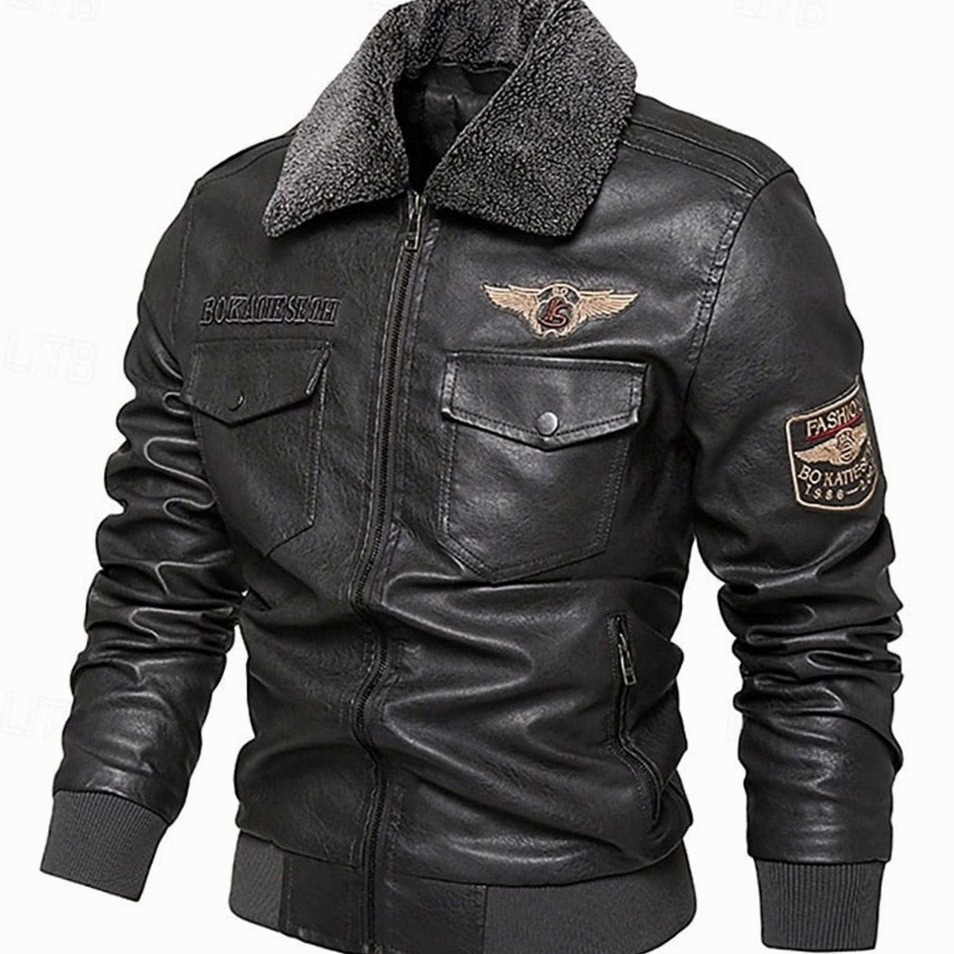 Cozy Faux Leather Aviator Bomber Jacket for Men with Sherpa Collar Long Sleeve Zip Flap Pocket Winter Style