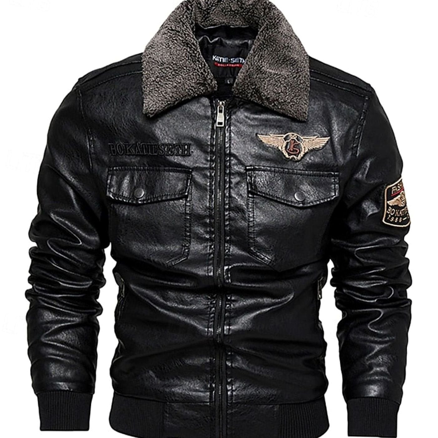 Cozy Faux Leather Aviator Bomber Jacket for Men with Sherpa Collar Long Sleeve Zip Flap Pocket Winter Style