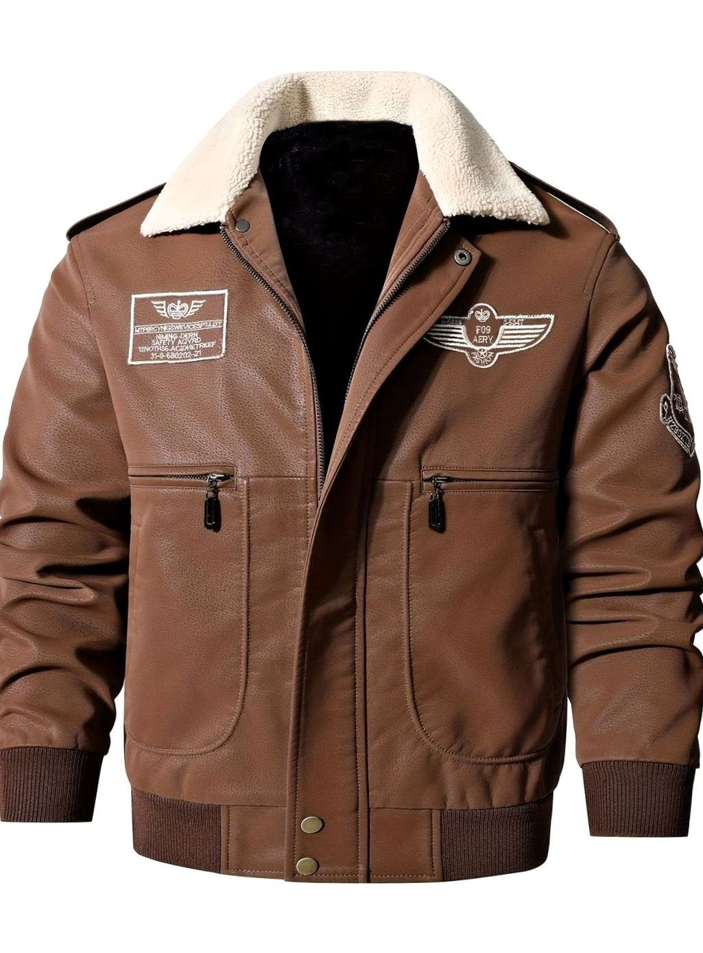 Cozy Faux Leather Aviator Bomber Jacket for Men with Sherpa Collar Long Sleeve Zip Patch Winter Style