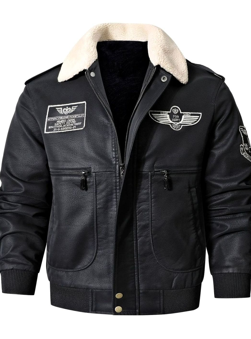 Cozy Faux Leather Aviator Bomber Jacket for Men with Sherpa Collar Long Sleeve Zip Patch Winter Style