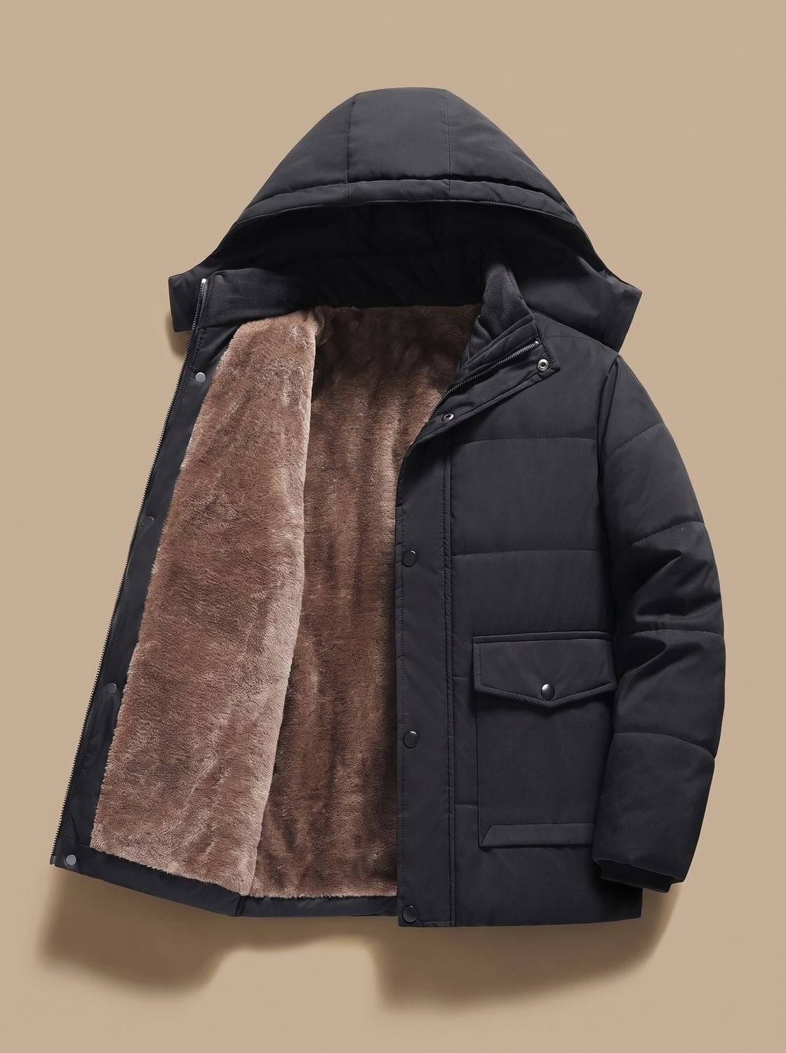 Cozy Fleece Lined Puffer Jacket for Men with Hooded Collar Long Sleeve Snap Button Zip Winter Style