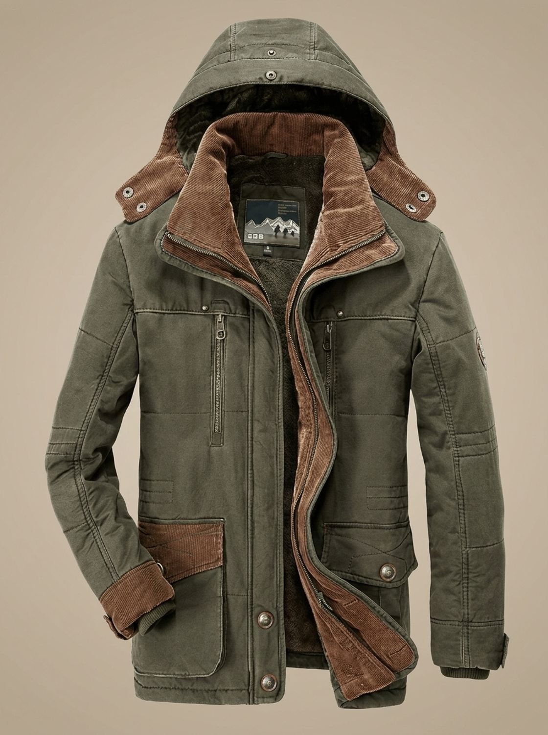 Rugged Fleece Lined Parka Jacket for Men with Hooded Collar Long Sleeve Multi-Pocket Insulated Winter Style