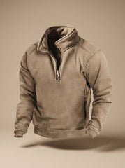 Cozy Fleece Quarter-Zip Sweater for Men with Stand Collar Long Sleeve Pullover Zip Pocket Winter Style