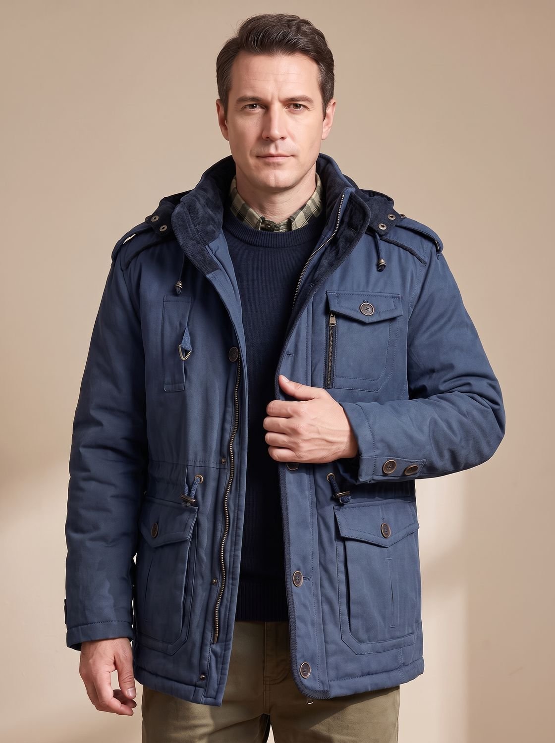 Rugged Field Parka Jacket for Men with Hooded Collar Long Sleeve Multi-Pocket Insulated Winter Style