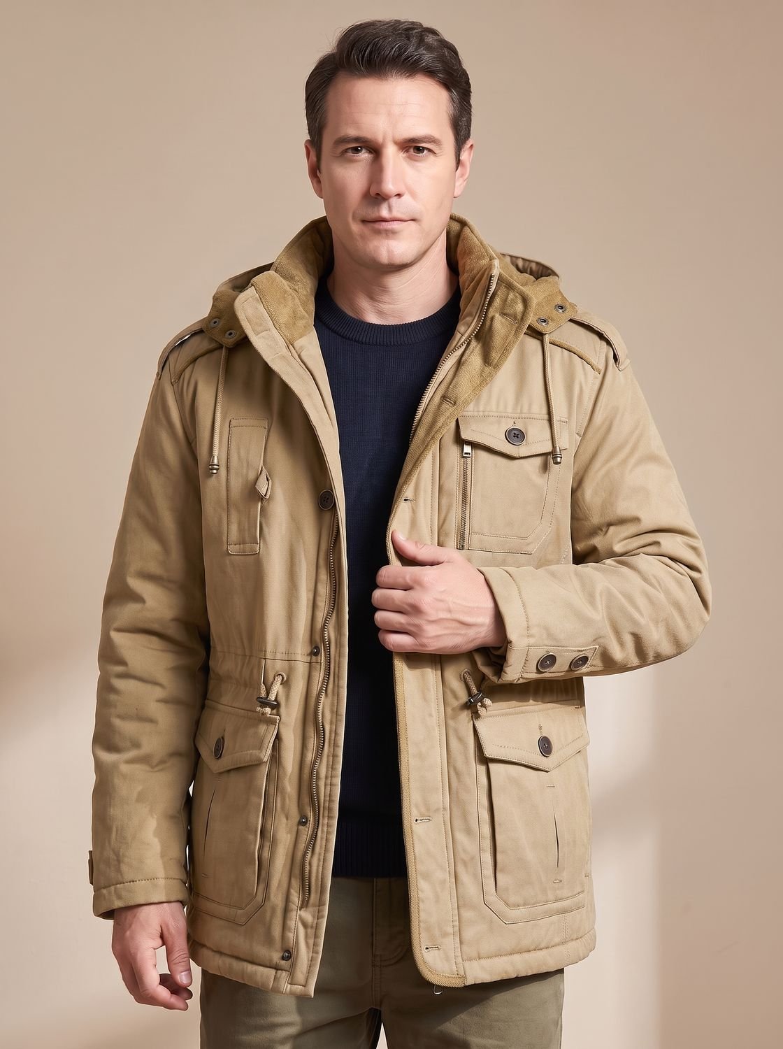 Rugged Field Parka Jacket for Men with Hooded Collar Long Sleeve Multi-Pocket Insulated Winter Style