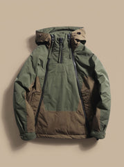 Cozy Colorblock Anorak Jacket for Men with Hooded Collar Long Sleeve Half-Zip Windbreaker Style