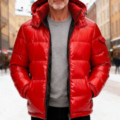 Cozy Glossy Puffer Jacket for Men with Hooded Collar Long Sleeve High-Shine Zip Winter Style