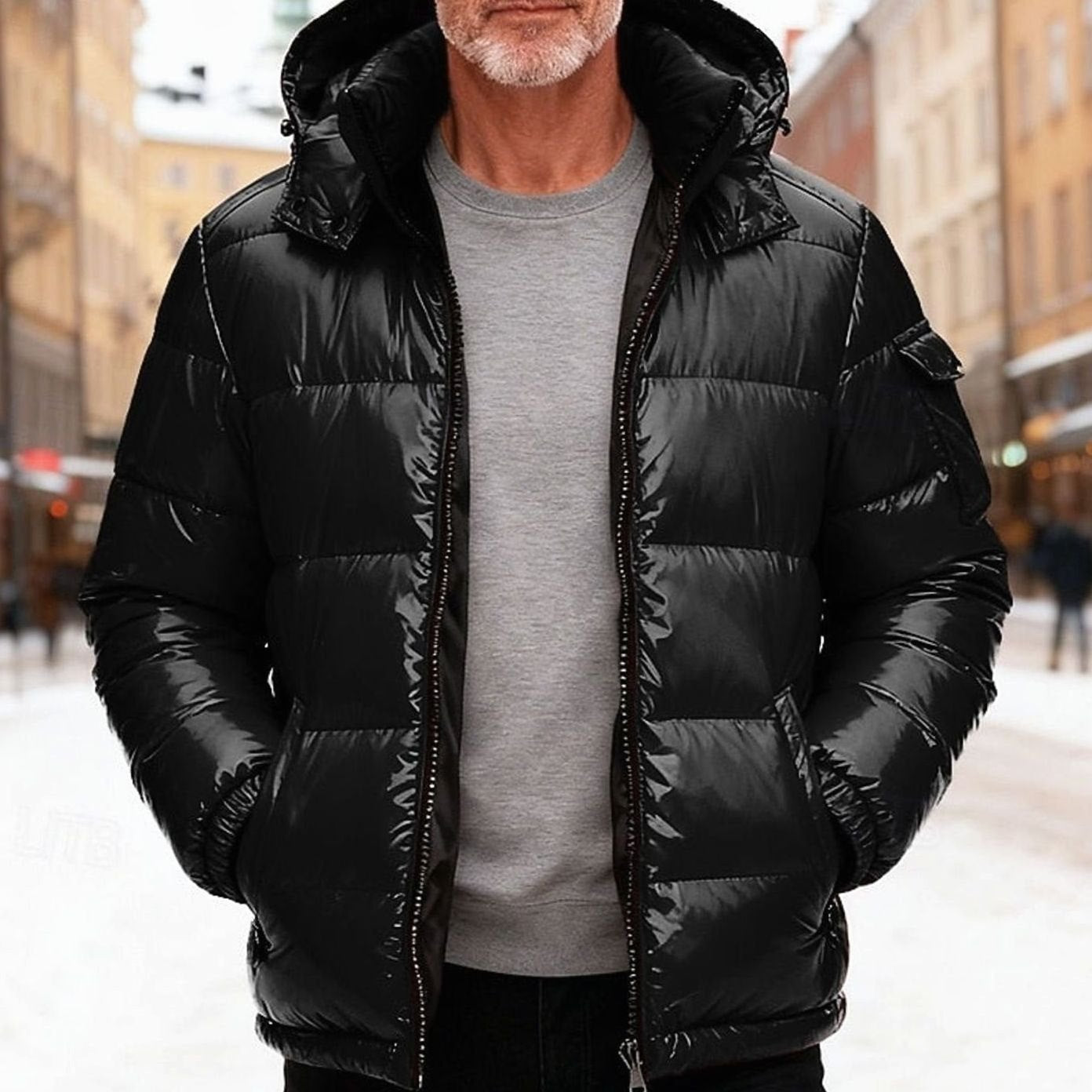 Cozy Glossy Puffer Jacket for Men with Hooded Collar Long Sleeve High-Shine Zip Winter Style
